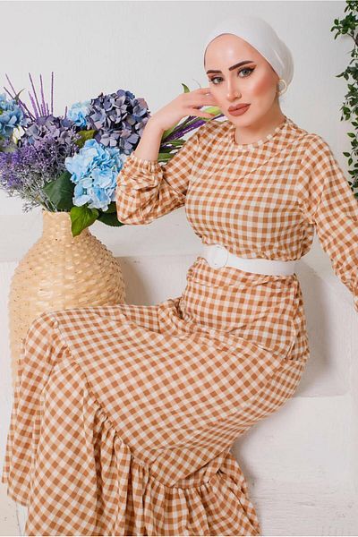 TRENDTESETTÜR Γυναικείο Μπεζ φόρεμα Gingham με ζώνη 6922