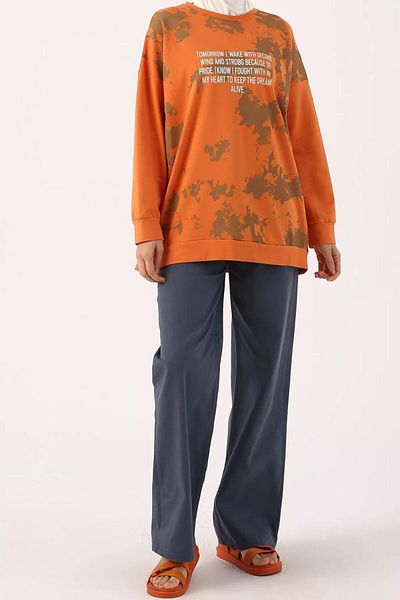 TRENDTESETTÜR Women's Orange Tie Dye Print Patterned Text Detailed Tunic 62001