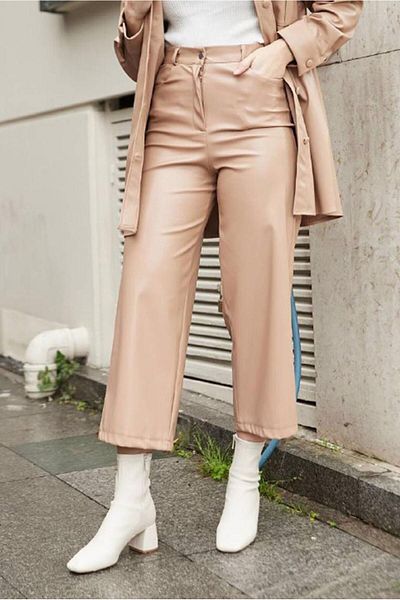 TRENDTESETTÜR Γυναικείο δερμάτινο παντελόνι σε καφέ (CAMEL) Loose Fit 3720