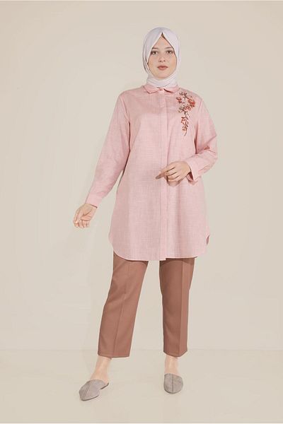 TRENDTESETTÜR Women's Red Floral Embroidered Buttoned Cotton Tunic 20047