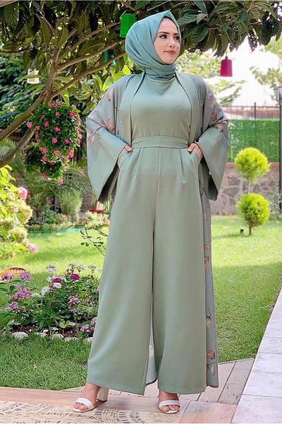 TRENDTESETTÜR Women's Green (REAM) Floral Patterned Jumpsuit Suit T 2138
