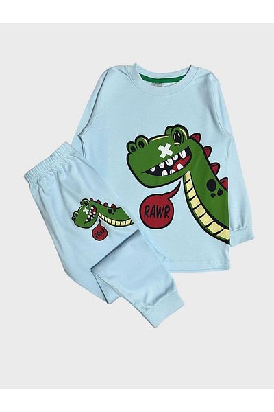 elmas kids Set de pijamale cu mânecă lungă pentru băiat, 100% bumbac, cu model de dinozaur albastru