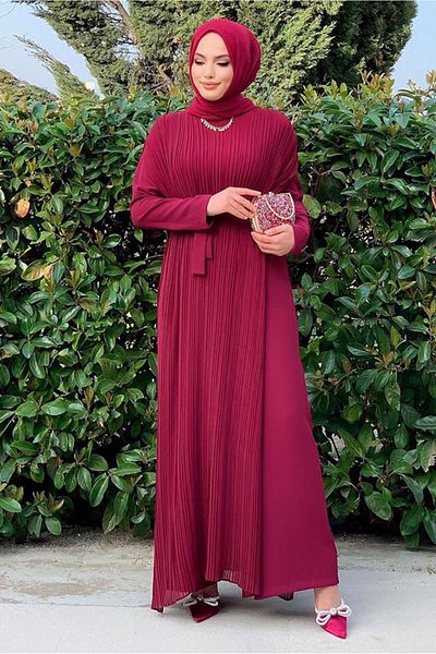 TRENDTESETTÜR Women's Burgundy Pleat Detailed Belted Jumpsuit 8943