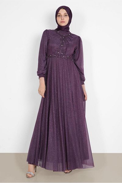 TRENDTESETTÜR Rochie de seară argintie cu mărgele mov pentru femei 4353
