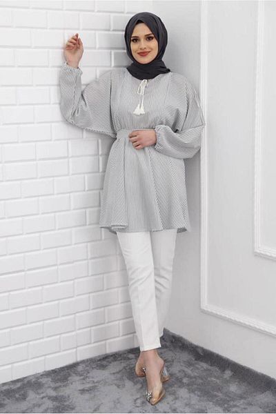 TRENDTESETTÜR Women's Gray Striped Lace-up Tunic 1218