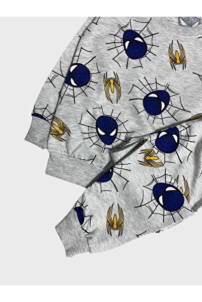 TOFU KİDS Boy's Cotton Gray Blue Spiderman Patterned Long Sleeve Seasonal Pajamas Set