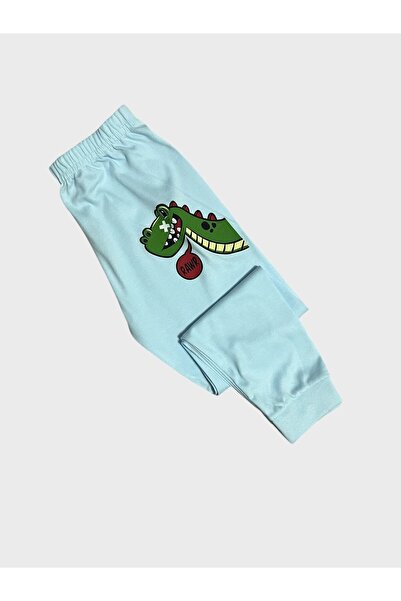 elmas kids Erkek Çocuk %100 Pamuklu Mavi Dinozor Desenli Uzun Kollu Pijama Takımı