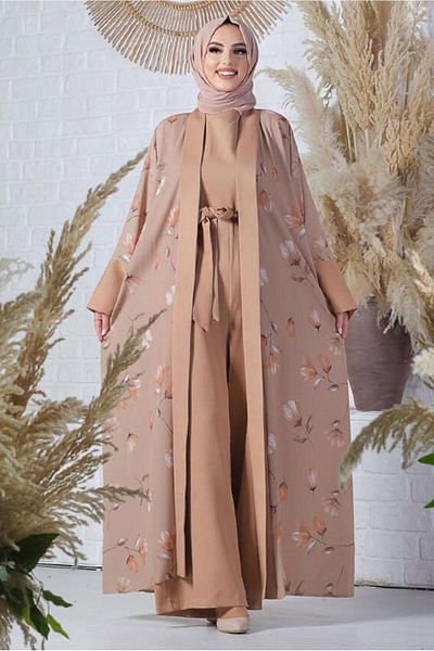 TRENDTESETTÜR Γυναικεία Καφέ (CAMEL) Σετ Ολόσωμη φόρμα με floral σχέδιο T 2138