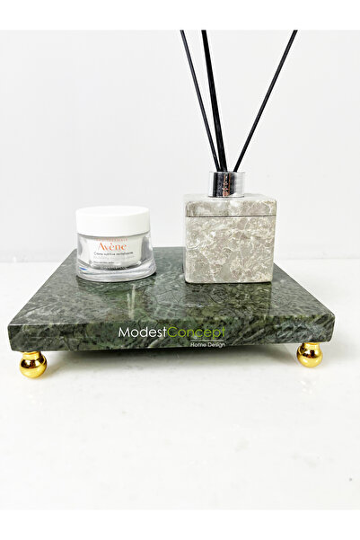 Modestmar Doğal Yeşil Mermer Ayaklı Kare Sunumluk, Dekoratif 20x20 Stand Merm...