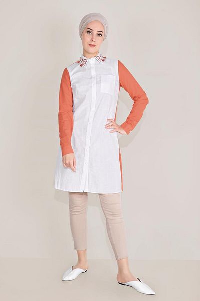 TRENDTESETTÜR Women's Orange (ORANGE) Cotton Embroidered Collar Tunic T 40596