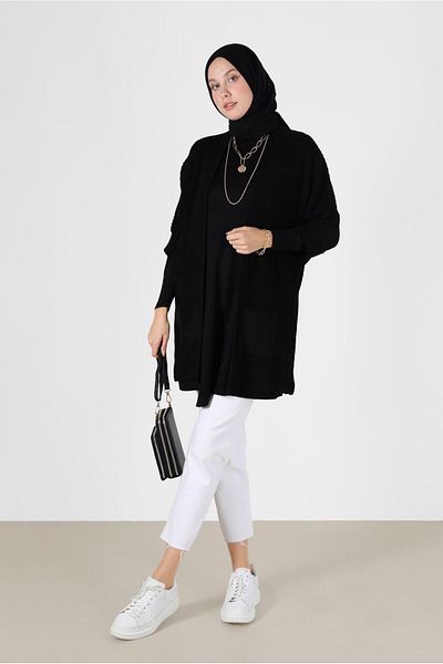 TRENDTESETTÜR Women's Black Half Sleeve Pocket Detailed Cardigan 6627