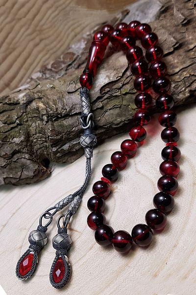 OTTOTESBİH Silver Kazaz Tassel Sphere Cut Roșu Negru Foc Amber Tasbih