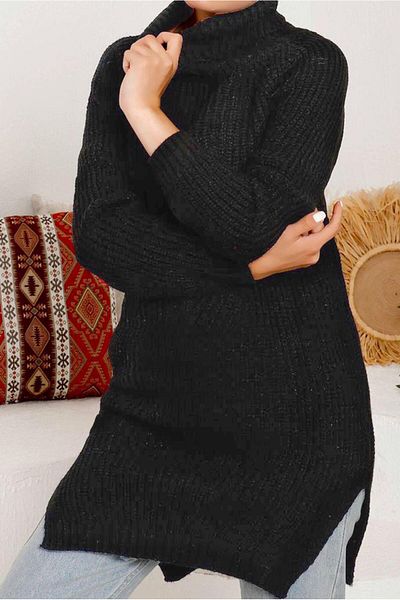 TRENDTESETTÜR Women's Gray (smoked) Turtleneck Slit Knitwear Tunik 7092