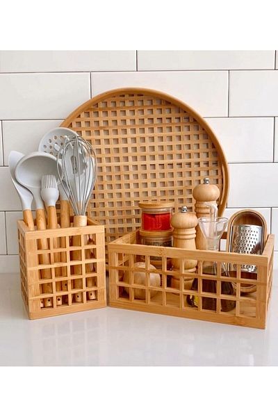 Janset Bamboo Cage - 2 Pieces Medium and Small Organizer, Multi-Purpose Basket, Bathroom and Kitchen Decor