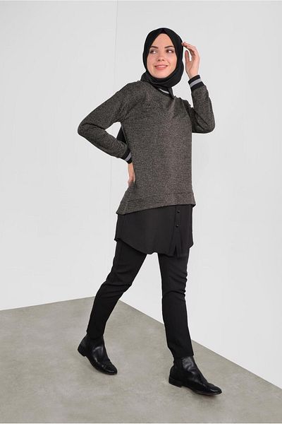 TRENDTESETTÜR Women's Black Cuffs Elastic Two-Look Tunic 41279