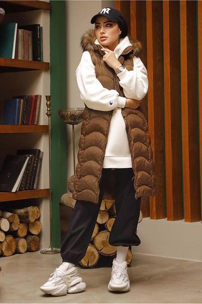 TRENDTESETTÜR Women's Tan Hooded Fur Puffer Vest 7429
