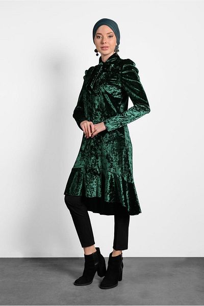 TRENDTESETTÜR Women's Green (ZEMRUT) Skirt Tip Flounced Collar Tied Tunic 40387