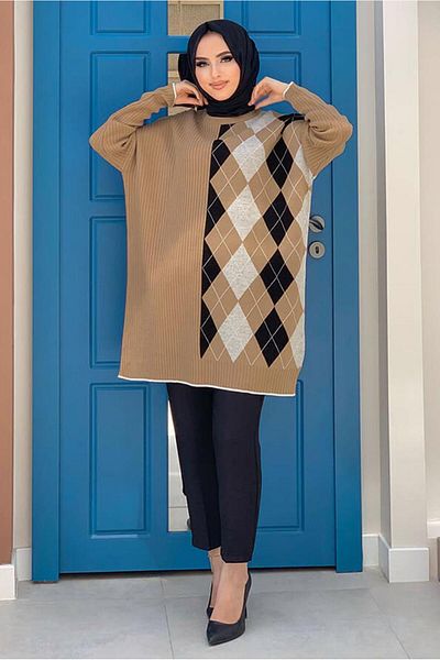 TRENDTESETTÜR Women's Tan Baklava Pattern Detailed Knitwear Tunik 1316