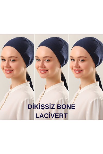 Melodi Scarf Women's Hijab Seamless Set Bonnet Navy Blue 3Pcs Laced Combed Cotton Bonnet