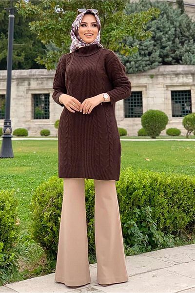 TRENDTESETTÜR Γυναικείο πλεκτό με ψηλό λαιμό σε καφέ χρώμα - T 31112