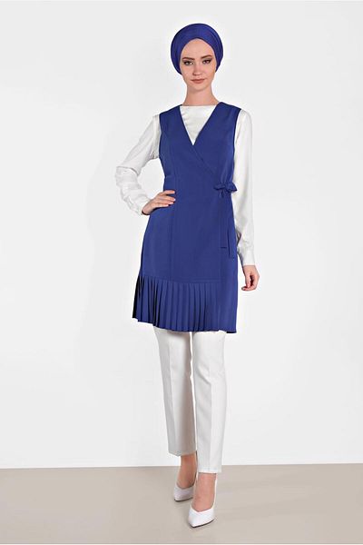 TRENDTESETTÜR WOMEN'S NAVY BLUE (K.SAX) SIDE LACE-UP PLEATED VEST 4249