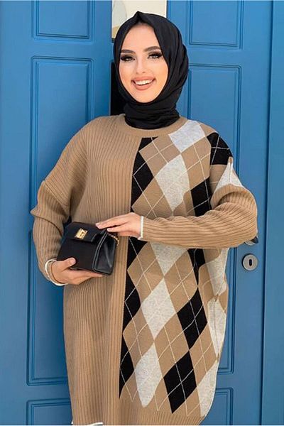TRENDTESETTÜR Women's Tan Baklava Pattern Detailed Knitwear Tunik 1316