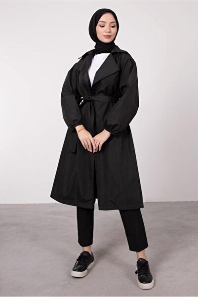 TRENDTESETTÜR Women's Black Cuffs Elastic Belted Trench Coat T 9285