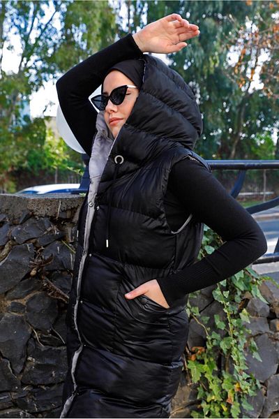 TRENDTESETTÜR Women's Black Hooded Puffer Vest with Zipper 5003