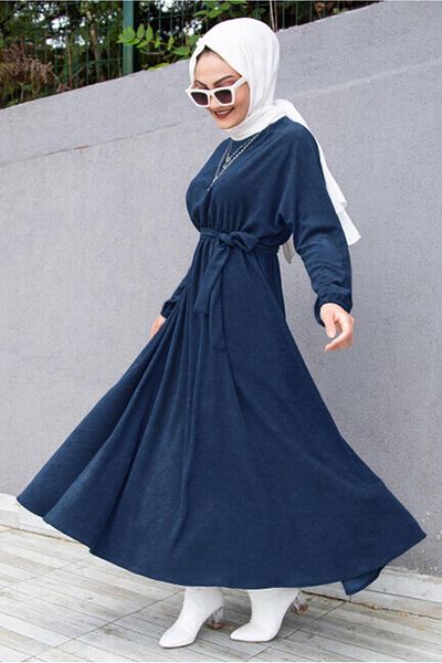 TRENDTESETTÜR Γυναικείο φόρεμα Navy Blue (INDIGO) με μανσέτες με ελαστική μέση T 6066