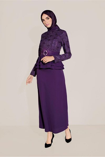 TRENDTESETTÜR Women's Purple (K.PURPLE) Belted Guipure and Ruffle Detailed Prevailing Collar Suit 30040