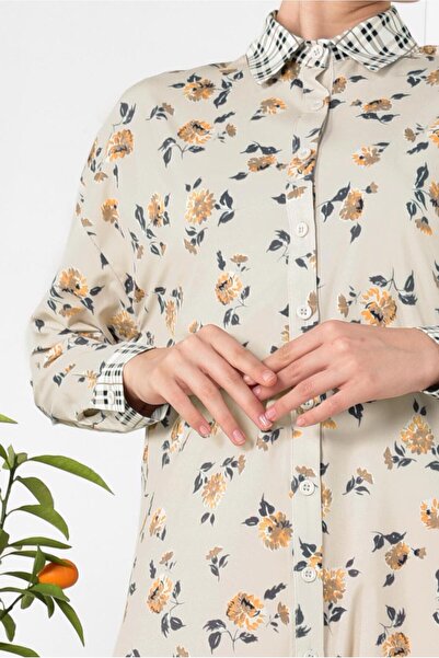 TRENDTESETTÜR Women's Beige Collar and Cuffs Plaid Tunic 4909