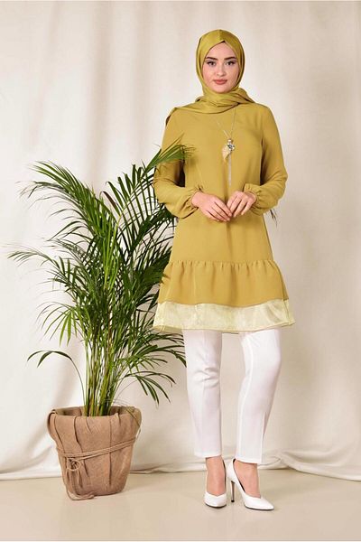 TRENDTESETTÜR Women's Yellow (SAFRAN) Tunic with Tulle Hem 4860