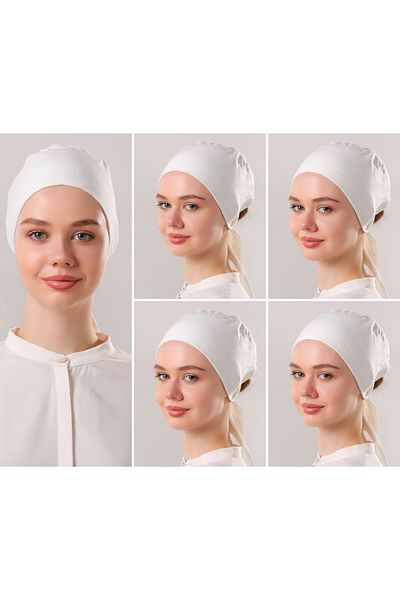 Melodi Scarf Ecru Hijab Stitched Women's Bonnet Set 5 Pieces Laced Combed Cotton