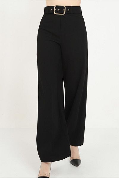TRENDTESETTÜR Women's Black Belted Wide Leg Trousers 7988