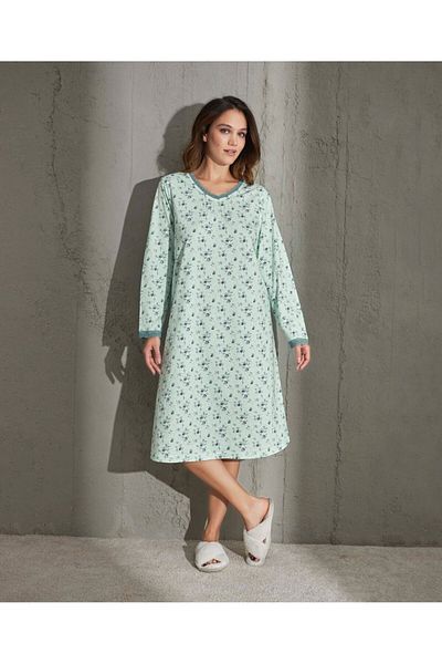 İntive Lingerie Aydoğan Floral Print Midi Length Comfortable Fit Nightgown with Robe/Clamshell - M-2Xl
