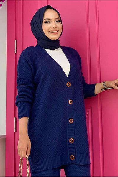 TRENDTESETTÜR Γυναικεία Ζακέτα Πλεκτό με Μπλε Navy με Αυτοσχεδιασμένο Κουμπί 01222