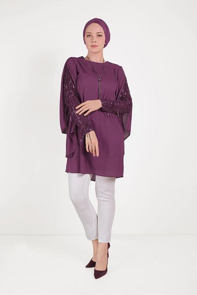 TRENDTESETTÜR Women's Purple (K.DAMSON) Tasseled Tunic with Sleeves 40562