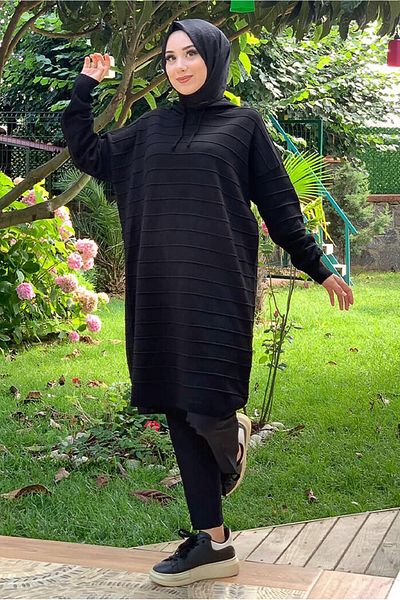 TRENDTESETTÜR Women's Black Striped Hooded Knitwear Tunic 7634