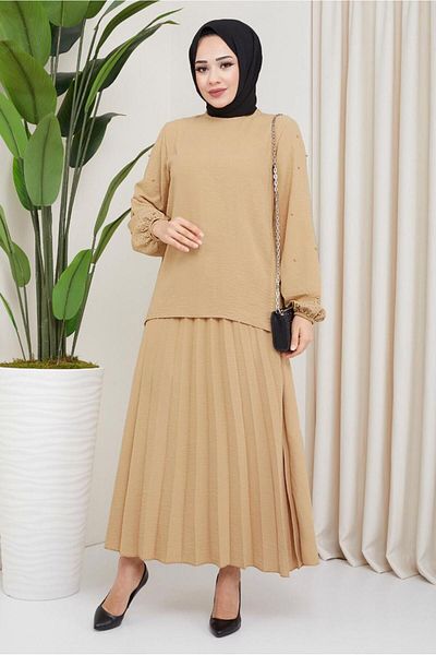 TRENDTESETTÜR Γυναικείο καφέ (CAMEL) Σετ με λαβή με χάντρες T 3013