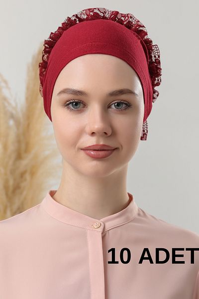 Melodi Scarf Burgundy Hijab 10-Piece Ruffle Stitched Women's Bonnet