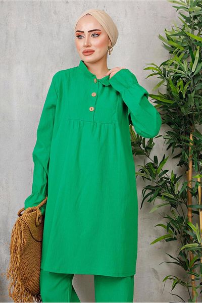 TRENDTESETTÜR Green Beneton Women &Apos; S Trousers - Elastic Cuffs and Button Detail Suit 9352