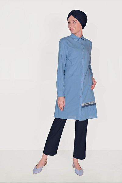 TRENDTESETTÜR Tunica de dama albastra (K. BLUE) din bumbac cu nasturi cu detaliu de broderie 40593