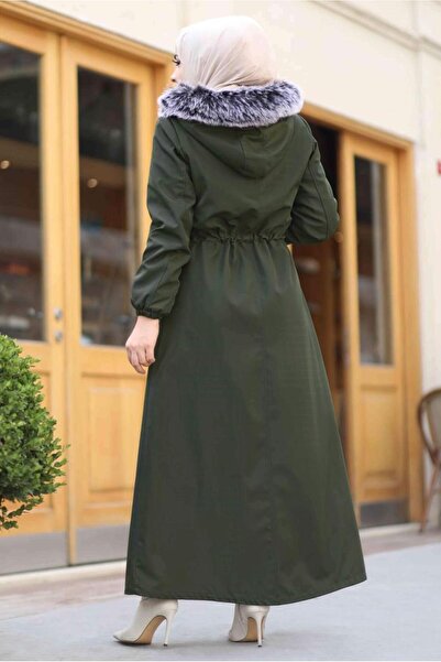 TRENDTESETTÜR Women's Khaki Gathered Waist Hooded Coat 0267