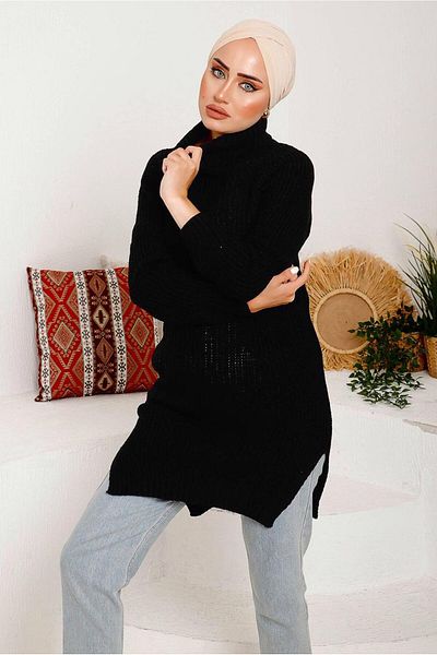 TRENDTESETTÜR Women's Black Turtleneck Slit Knitwear Tunic 7092