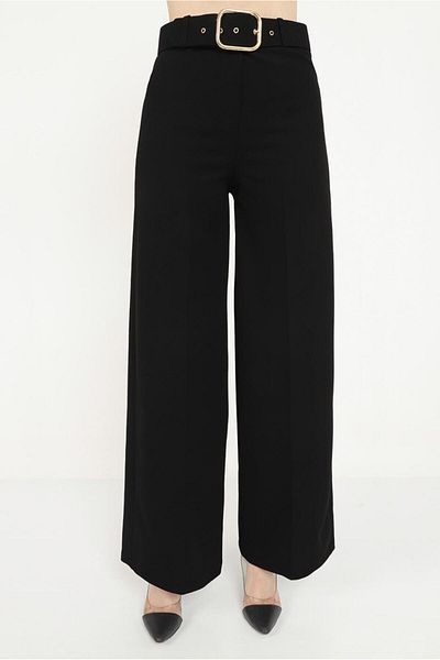 TRENDTESETTÜR Women's Black Belted Wide Leg Trousers 7988