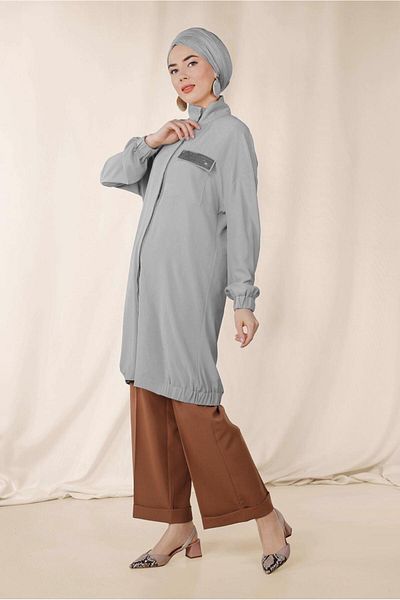 TRENDTESETTÜR WOMEN'S GRAY POCKET DETAIL TUNIC 4053