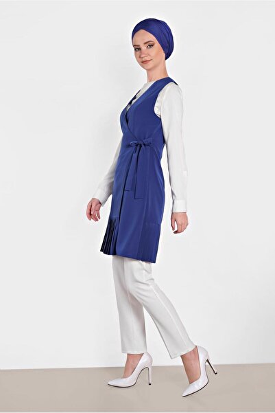 TRENDTESETTÜR WOMEN'S NAVY BLUE (K.SAX) SIDE LACE-UP PLEATED VEST 4249