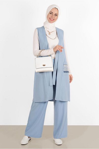 TRENDTESETTÜR WOMEN'S BLUE EMBROIDERED VEST WITH BLUE POCKETS 40848
