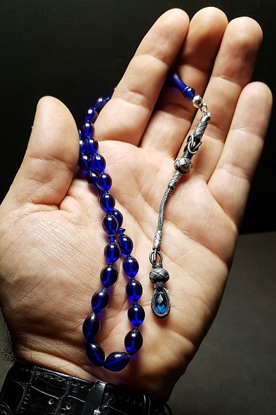 OTTOTESBİH Ciucure de Kazaz argintie, albastru Parlament, tasbih din chihlimbar foc.