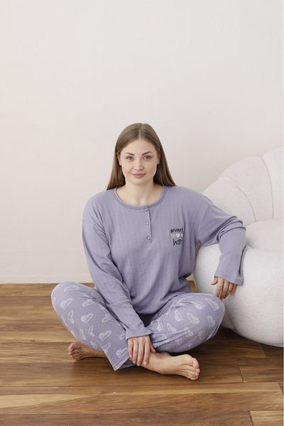 Eyfuze Women's Winter Plus Size Curve Embroidered Patterned Collar Buttoned Long Sleeve Pajama Set